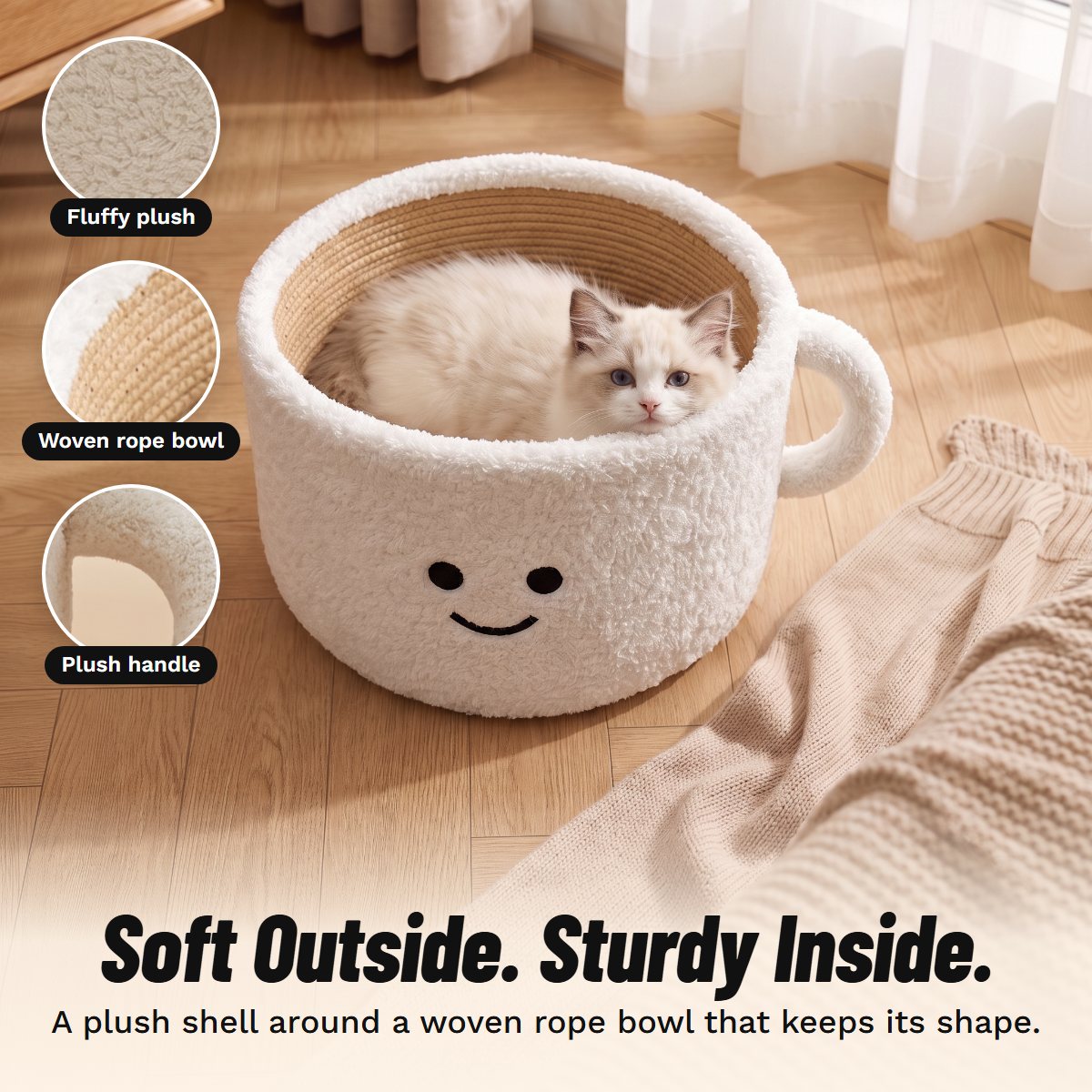 Kitten resting in the woven cotton rope bowl of a plush smiley mug cat bed