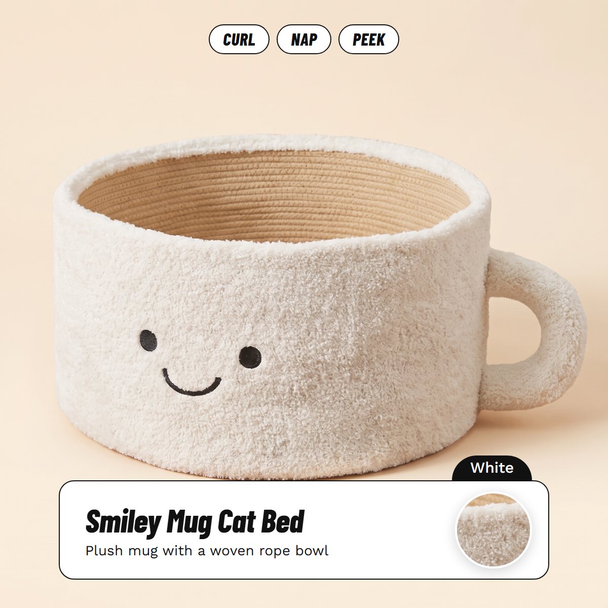 White smiley mug cat bed with a woven rope bowl, about 45 x 26 cm