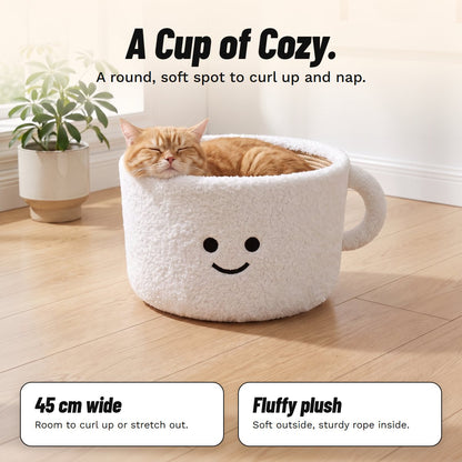 Ginger cat asleep in a white smiley mug cat bed on a wooden floor