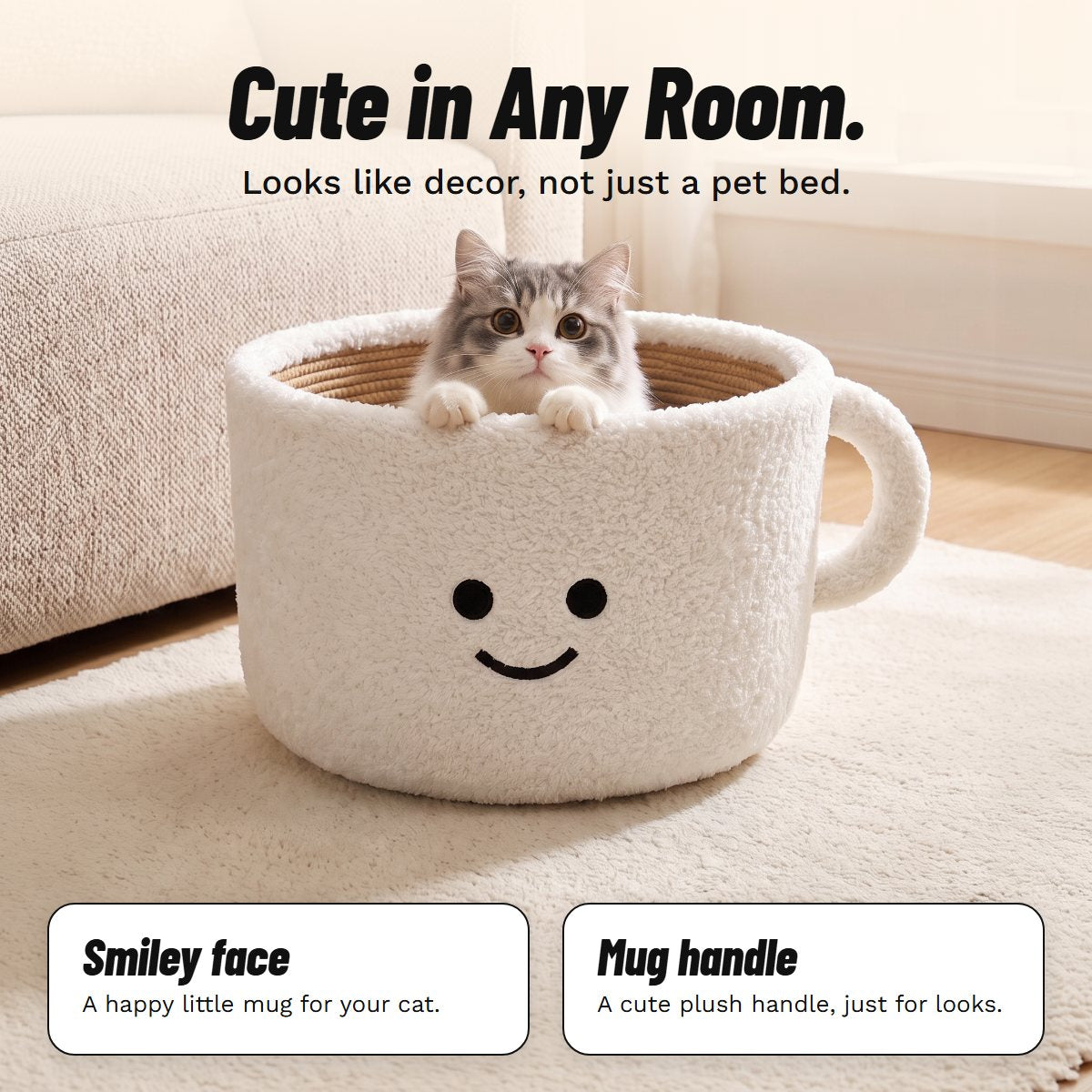 Grey and white cat peeking out of a smiley mug cat bed in a living room
