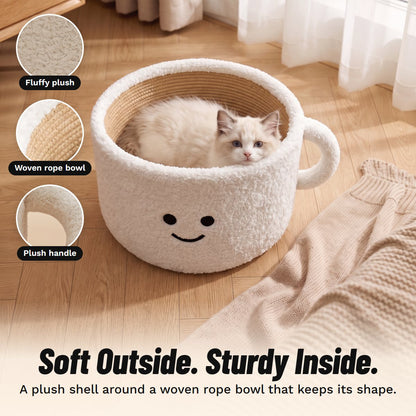 Kitten resting in the woven cotton rope bowl of a plush smiley mug cat bed